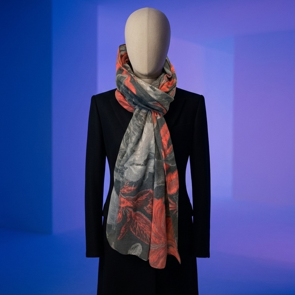 Fraas  Gray and Coral Floral Scarf